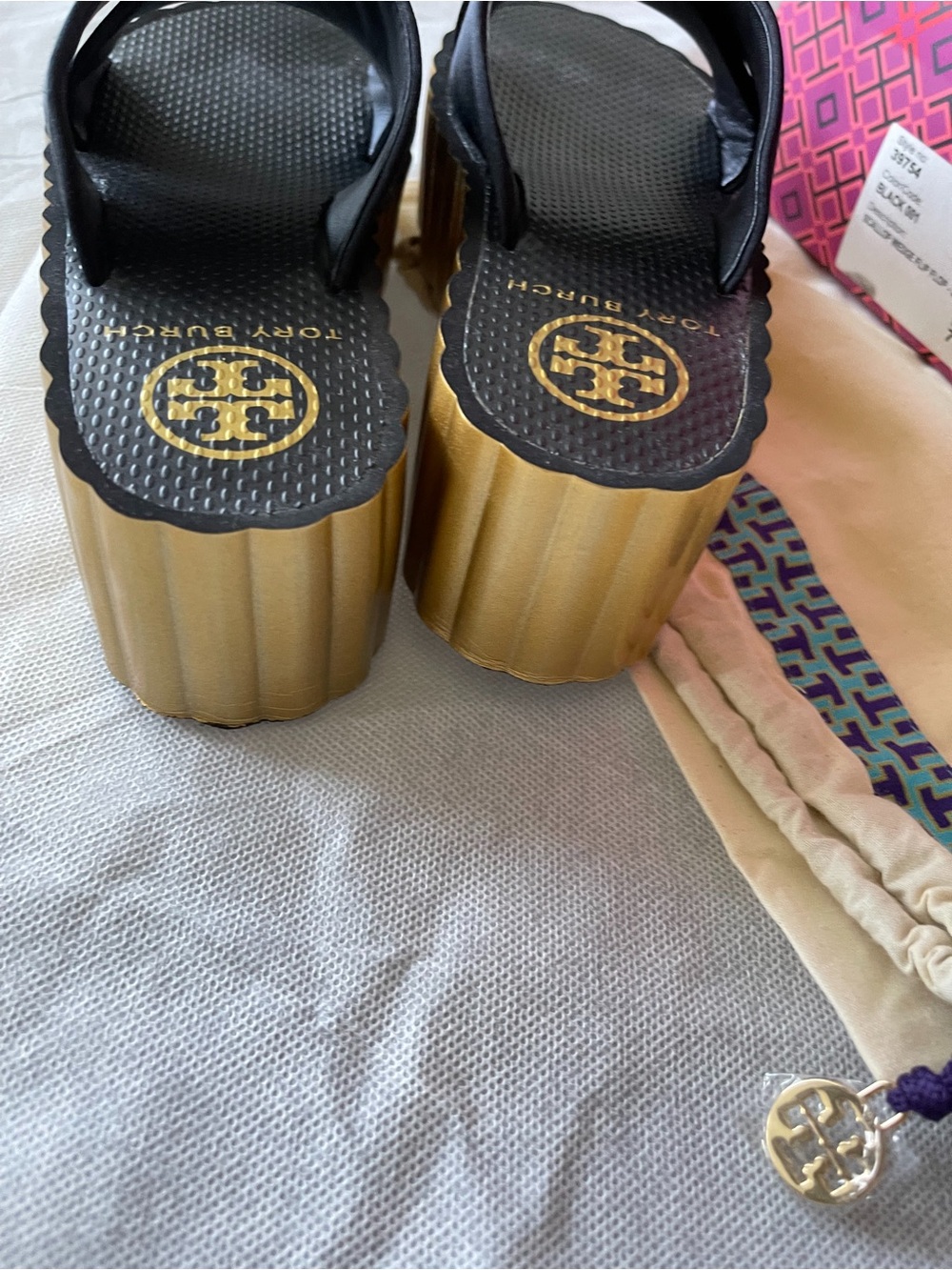 Tory Burch Black Satin Scallop Wedge Platform Cross-Strap Slide Sandals - Picture 12 of 14